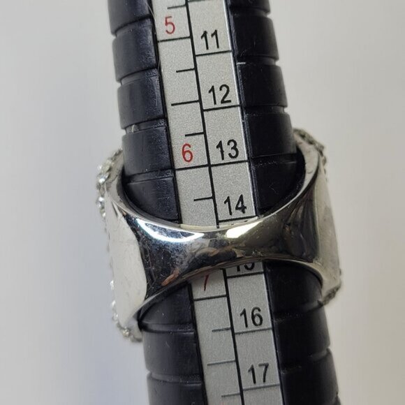 Two Tone Silver and Black Color Wide Ring Concave Design with Rhinestones Sz 5 - Picture 6 of 14